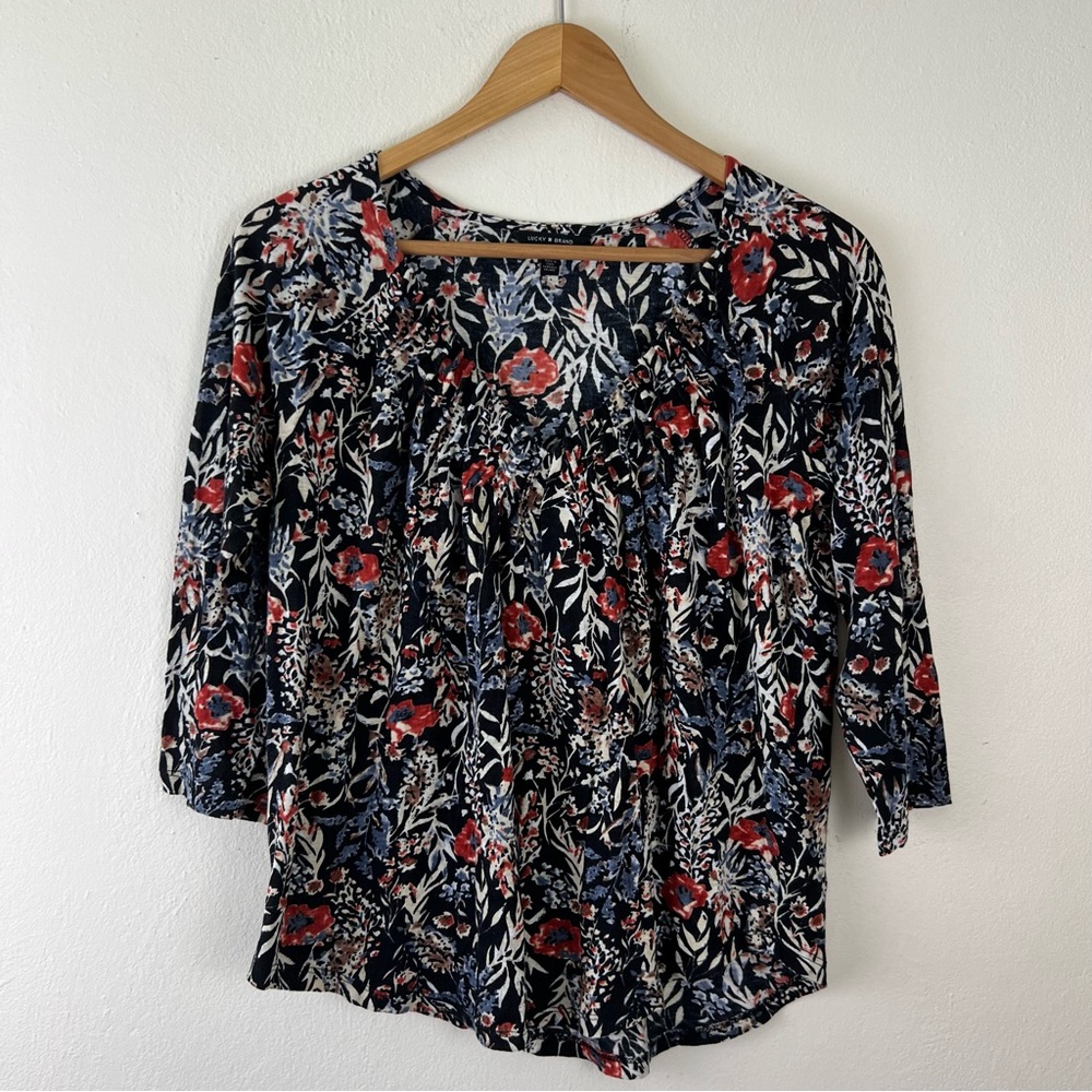 Lucky Brand Floral Print Top - Black, Red, White
